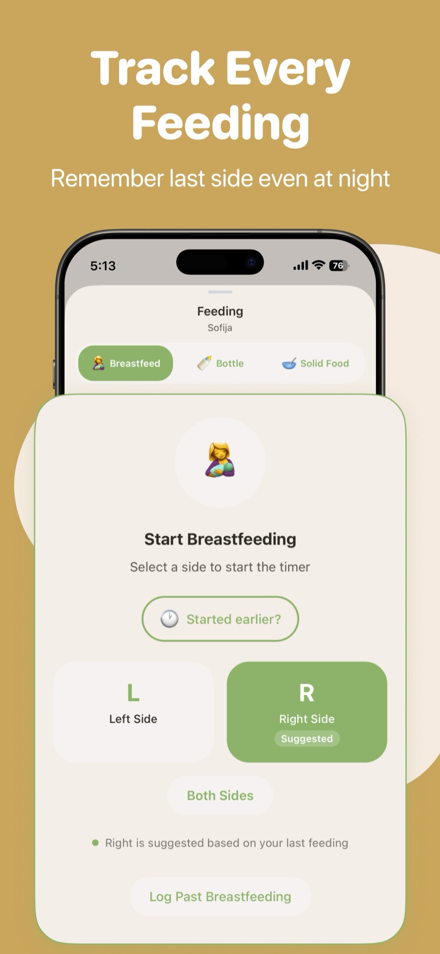 Sofi Baby Tracker feeding screen showing breastfeeding timer with left and right side selection and suggested side