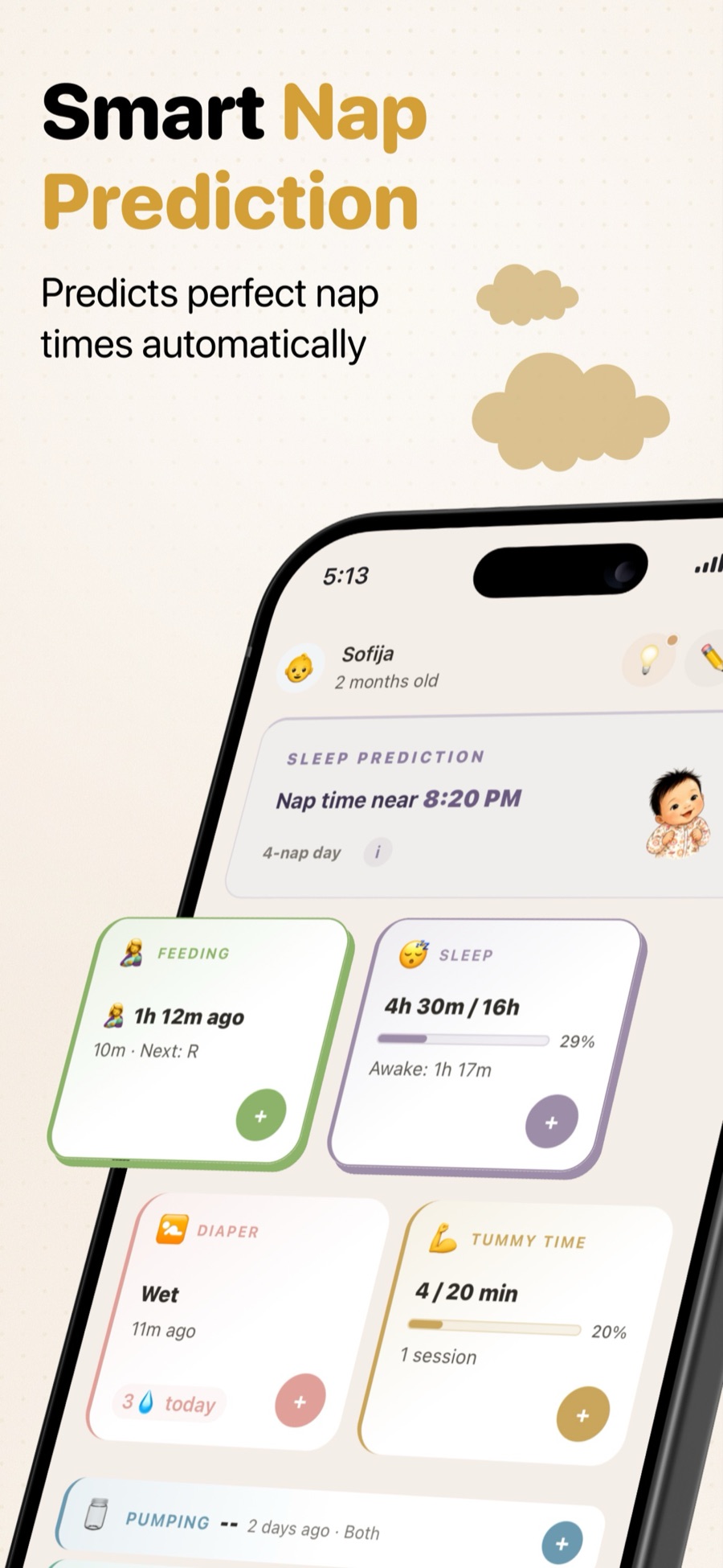 Sofi Baby Tracker dashboard showing nap time prediction near 8:20 PM, feeding 1h 12m ago, sleep tracking, wet diapers, and tummy time